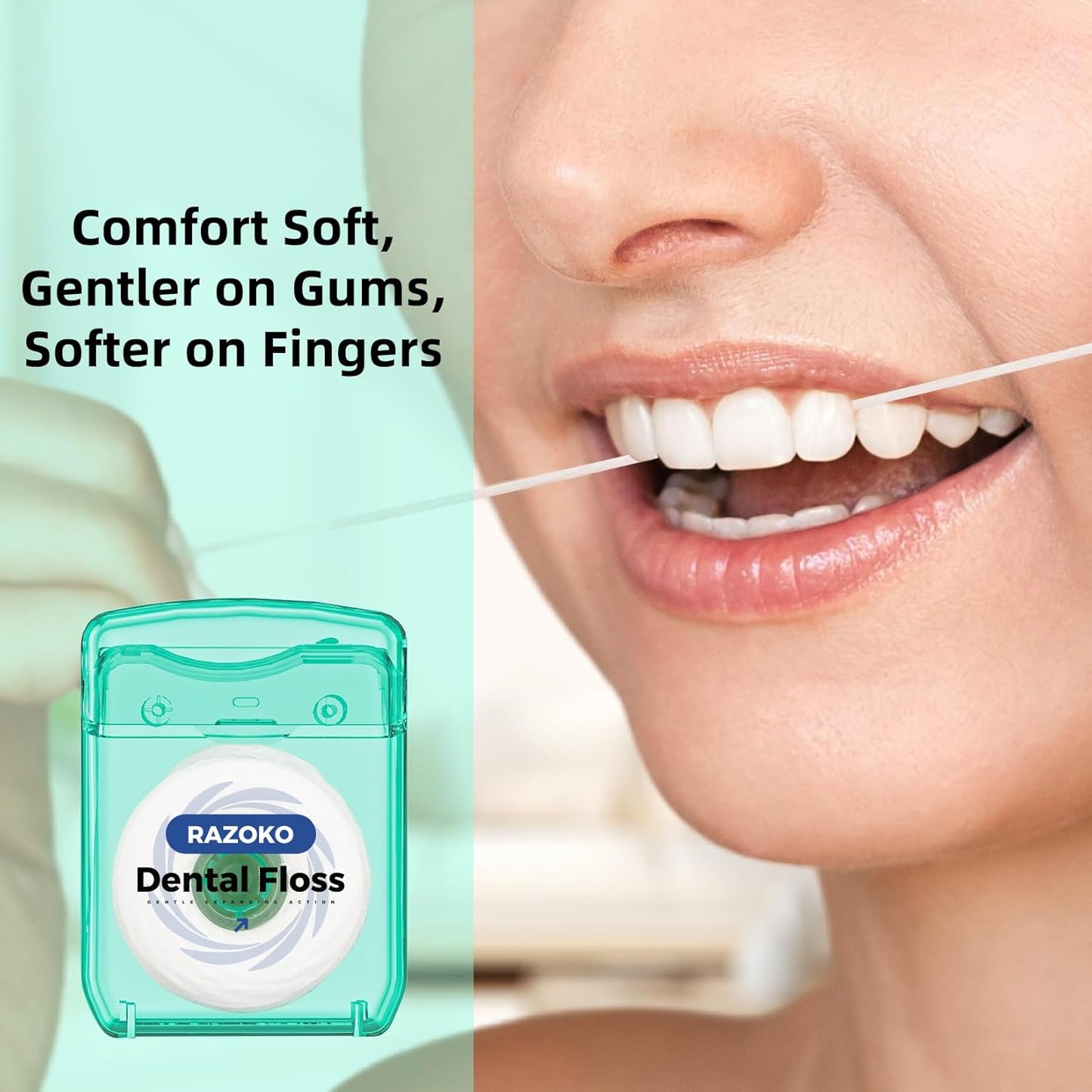 RAZOKO Coconut Oil Dental Floss Expanding Dental Floss Suitable for Wide Spaces (55 Yards, 4 Count) - Mint Flavor