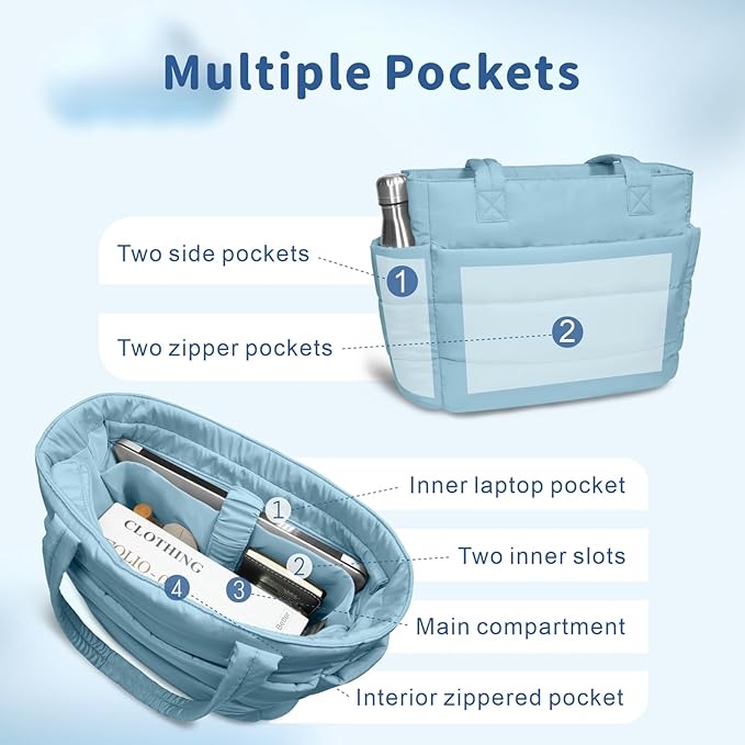 TOPDesign Puffer Tote Bag for Women, Lightweight Puffy Handbag with Compartments, Quilted Shoulder Bag for Work, Travel, Gym