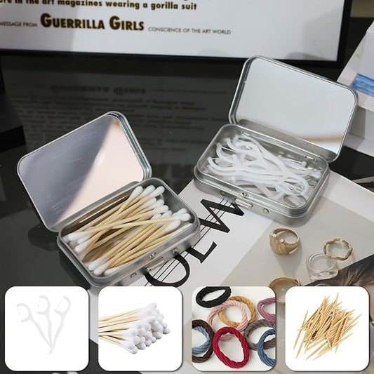 2Pack Bling Dental Floss Cases, Portable & Refillable Floss Pick Holders with Mirror, Gum Container Metal Tin Box Case for Q-tip,Cotton Swab (Silver)