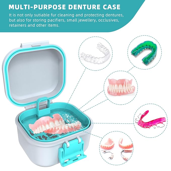 ARGOMAX Leak Proof Denture Bath Cup, Portable Soaking Denture Box, Denture Bath Case with Strainer, for Dentures and Braces (White + Cyan).