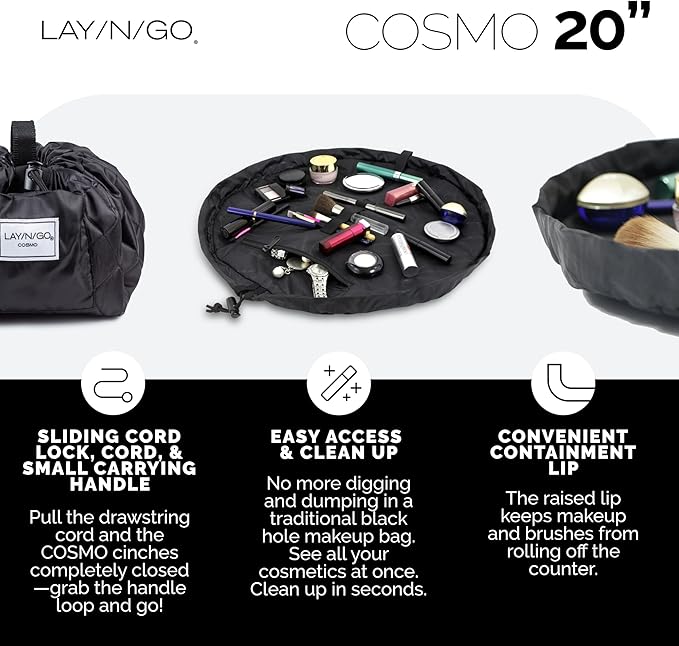 Lay-n-Go Cosmo Layflat Drawstring Cosmetic & Makeup Bag Organizer w/Zipper Pocket, Brush Loops & More, Cinch to Close, Lay Flat to Use, Durable, Machine Wash, Travel Toiletry Bag (20", Navy)