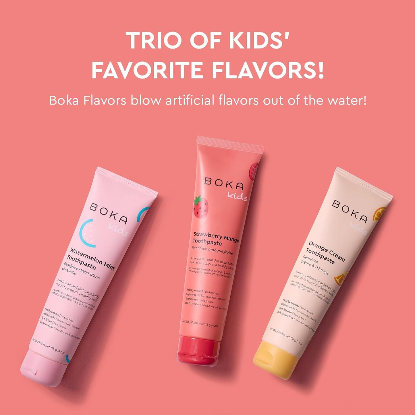 Boka Fluoride Free Toothpaste Nano Hydroxyapatite Toothpaste - Orange Cream, Watermelon Mint, Strawberry Mango Flavor, 4 oz 3Pk US Manufactured