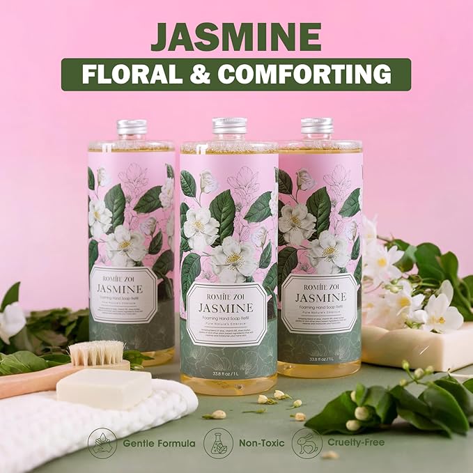 ROMIIE ZOI Natural Jasmine Foaming Hand Soap Refills 3-Pack (33.8 Fl Oz Each) with Dispenser - Plant-Based, Non-Toxic, Large Volume for Kitchen, Bathroom - Great Value Gift Set for Housewarming