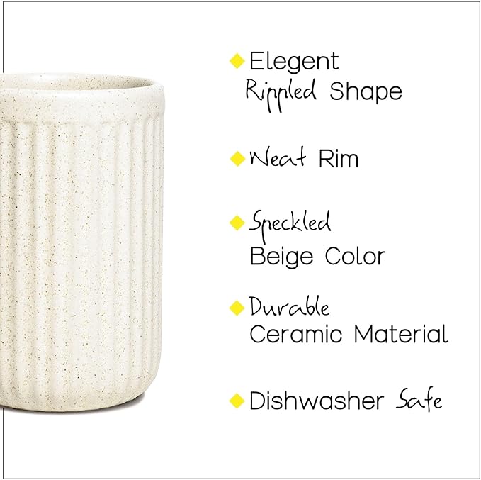 2 Pack Beige Speckled Ceramic Toothbrush Holder, Rippled Cylinder Tumbler for Bathroom Countertop, Makeup Brush Holder, Pen Organizer, Multipurpose Bathroom Accessory