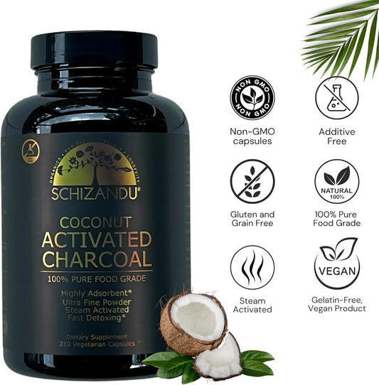 Schizandu Activated Coconut Charcoal Capsules- Supports Health - Vegan, Organic, Non-GMO, No Additives - X-Large Bottle 210 Count