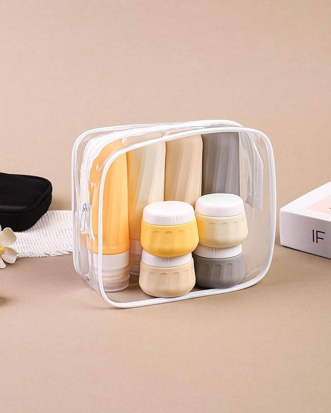 Travel Size Toiletries 8 Pack, TSA Approved 3oz/1oz Silicone Squeezable Creams Jars with Clear Travel Bag
