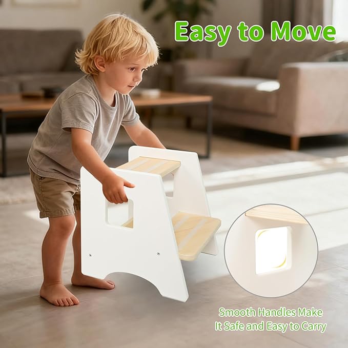 WOOD CITY Toddler Step Stool-Wooden 2 Step Stools for Bathroom Sink Potty Training Kitchen Stool Helper for Kids Bonus Non-Slip Pads and Handles for Safety White