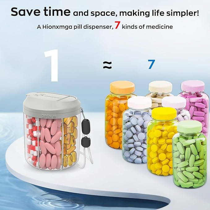 Pill Dispenser with 7 Large Compartments, Pill Organizer for Travel, Supplement Organizer with Anti-Mixing Design, BPA-Free Pill Container with 20 Pcs Labels, Black+ Grey