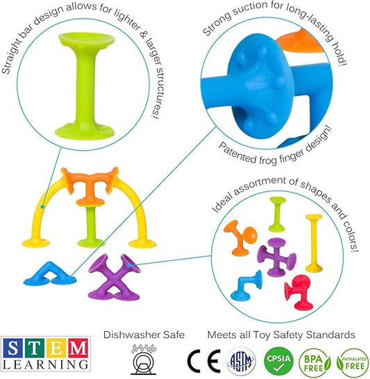 Froogly - 25 Piece Suction Toys | Montessori Bath Construction Building Set Silicone Preschool Daycare Shower Travel for Kids Toddlers Boys Girls Ages 3 4 5 6 Year Old