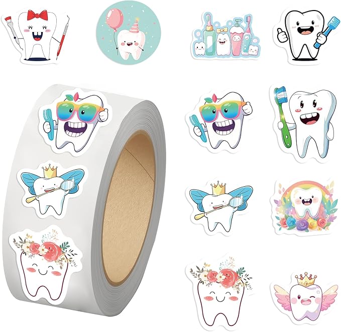 500PCS Teeth Stickers for Kids 10 Styles Sticker Rolls Cartoon Teeth Fairy Stickers Tooth Party Favors Waterproof Vinyl Stickers(500 Per Roll)
