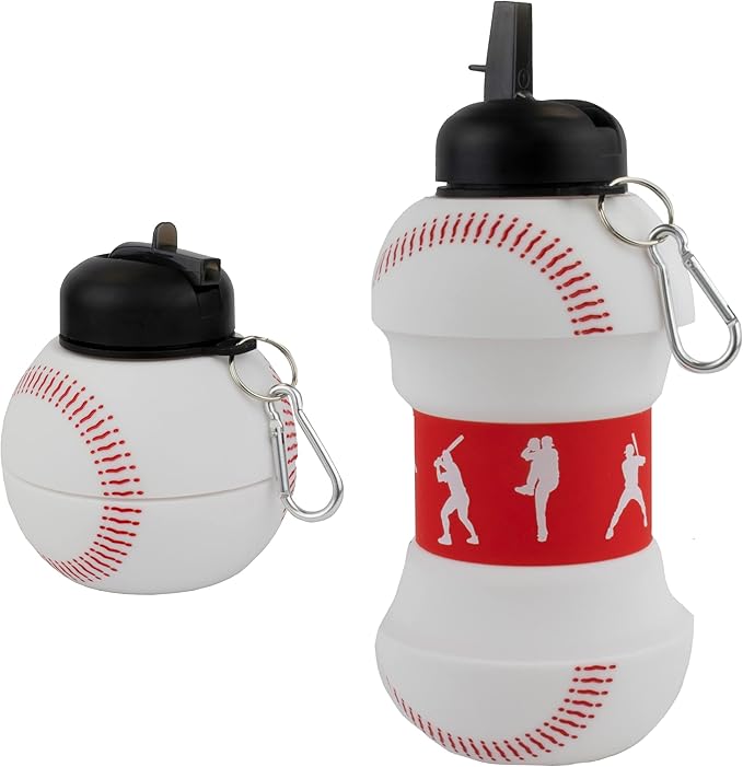 Maccabi Art Clip-On Collapsible 1 Liter, 34 oz. size BPA-Free Silicone Baseball Large Water Bottle for Kids