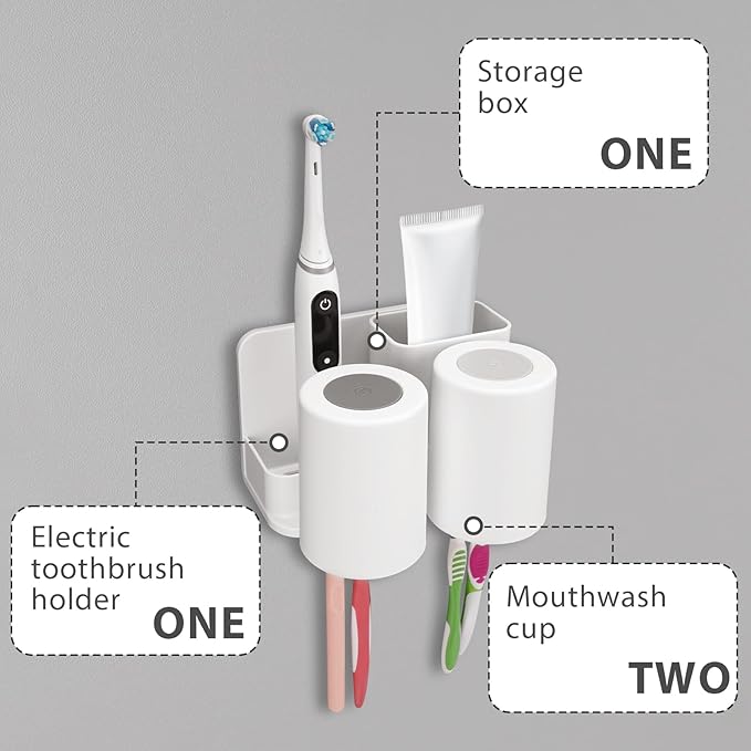 Toothbrush Holders with 2 Mouthwash Cup Wall Mounted for Bathrooms, 2 Slots Bathroom Organizer for Toothpaste, Electric Toothbrush, Razor, Floss, Self Adhesive Toothbrush Hanger Storage for Shower