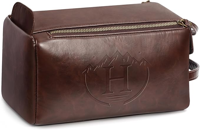 Personalized Toiletry Bag for Men,Initial Mens Toiletry Bags for Traveling,Men Travel Toiletries Bag,PU Leather Shaving Bag for Toiletries Accessories kit,Dark Brown H