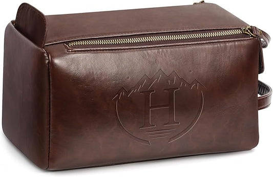 Personalized Toiletry Bag for Men,Initial Mens Toiletry Bags for Traveling,Men Travel Toiletries Bag,PU Leather Shaving Bag for Toiletries Accessories kit,Dark Brown H