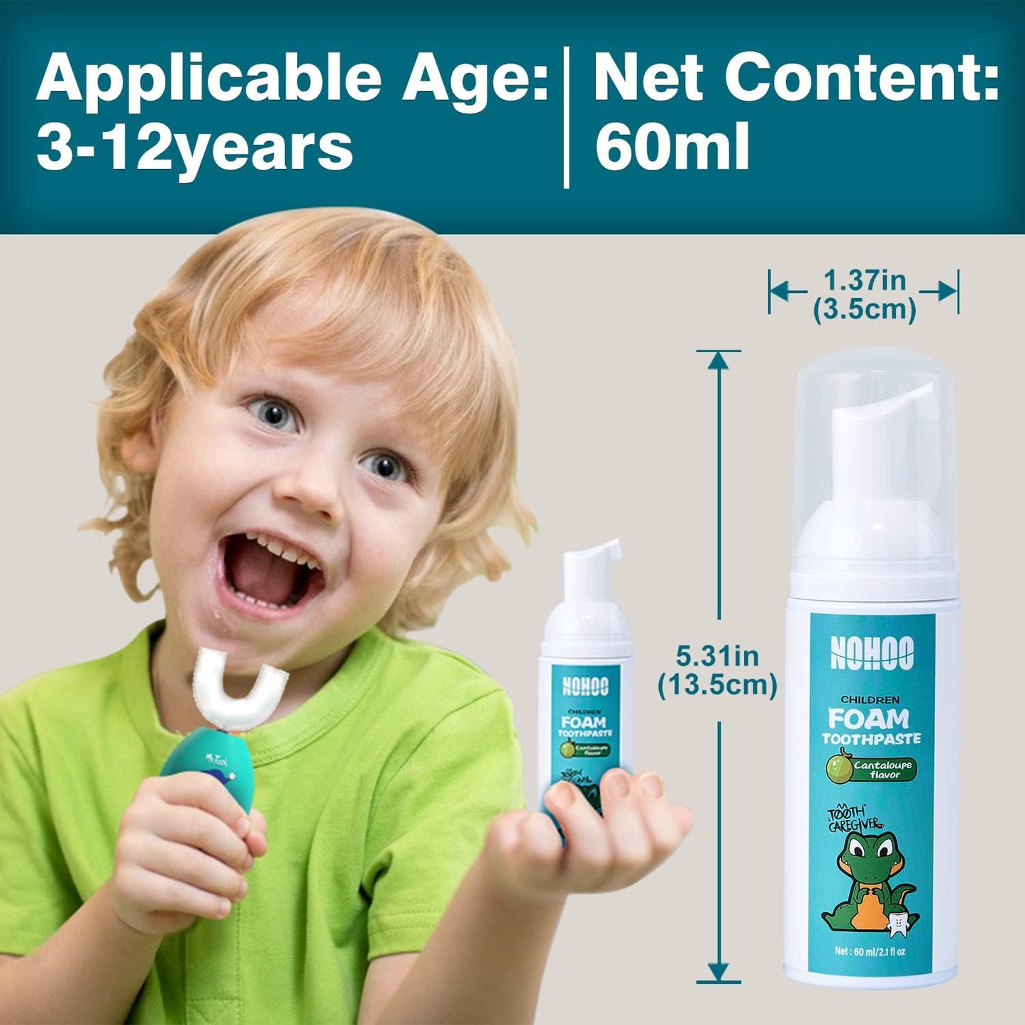 NOHOO Fluoride Free Foam Toothpaste Kids Cantaloupe,Natural Training Toothpaste for Baby Toddler Children Oral Cleaning and Cavity Protection(2 Pack