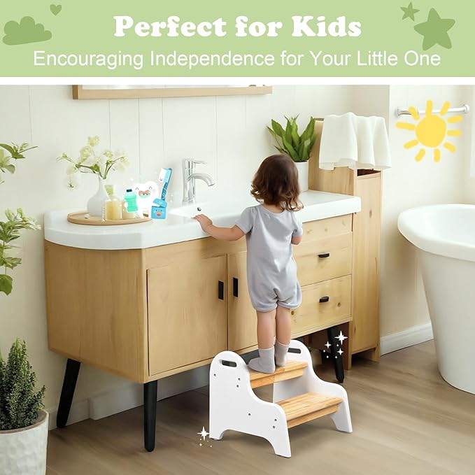 StrongTek Kids 2 Step Stool, Rubber Wood Step for Children, Safe & Sturdy, Ideal for Bathroom, Kitchen, Home Use, Durable, Non-Slip, Child Safety, Foot Stool, Toddler Step Stool, Easy to Clean