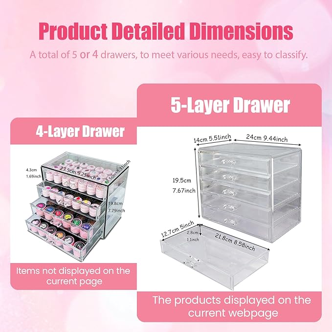 5 Tier Nail Art Decoration Storage Box，Acrylic Make Up&Jewelry Organizer with Drawers, Cosmetic Storage for Dresser Countertop and Bathroom，Transparent Acrylic Nail Art Jewelry Accessories