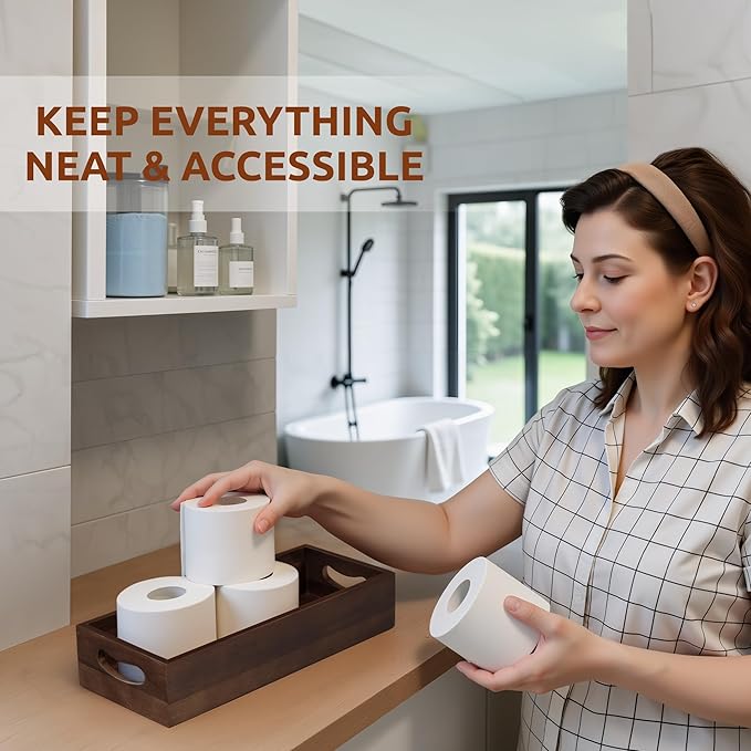 Handmade Toilet Tank Basket Topper & Vanity Tray Set of Natural Acacia Wood by DEMIGO, Created by Skilled Artisans, Smooth, Durable, Attractive Decor for Bathroom, Kitchen, Home, Spa (Dark Brown)