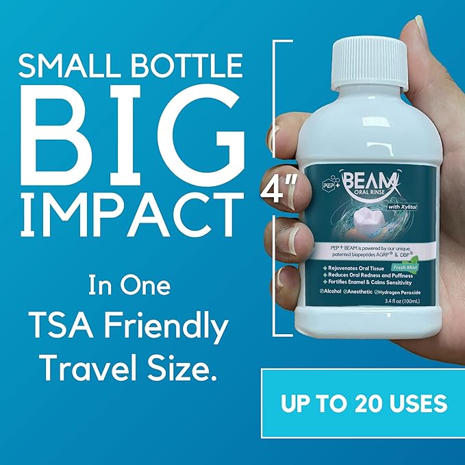 PEP+ BEAM Alcohol-Free Fluoride-Free Mouthwash with Peptides & Xylitol – Oral Rinse for Enamel Strength, Gum & Tissue Support, Fresh Breath & Microbiome Balance – Dentist Inspired, Travel Size 3.4 oz