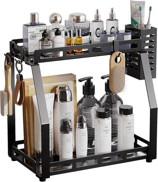 junyuan Bathroom Organizer Countertop,2 Tiered Tray Stand,Perfume Organizer Shelves with Toothbrush Holders,Bathroom Counter Storage Rack with Basket and Hooks Metal Black