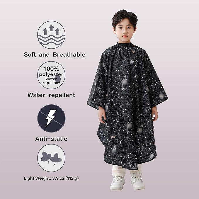Kids Hair Cutting Cape with Sleeves, Kids Barber Cape Haircut Cape for Boy & Girls, Professional Salon or Home Hair Cut Cape-Black Space Printing