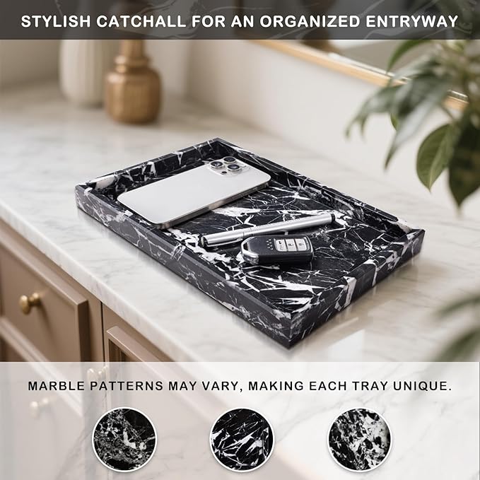Marble Bathroom Tray for Countertop & Home Decor, Natural Decorative Marble Tray for Jewelry & Perfume Organizer, Luxury Stone Vanity Trays for Dresser, Kitchen Counter, 12" x 8", Black