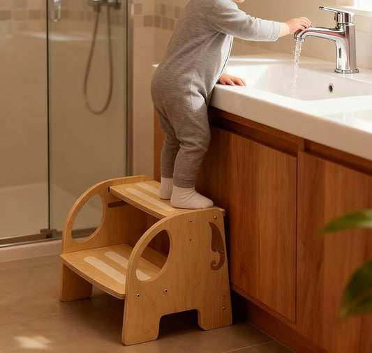 Wooden Toddler Step Stool - Height-Adjustable Non-Slip 2-Step Stool for Kids, Potty Training for Bathroom Sink, Kitchen & Bedroom, 200 lbs Capacity - Sturdy, Safe and Durable