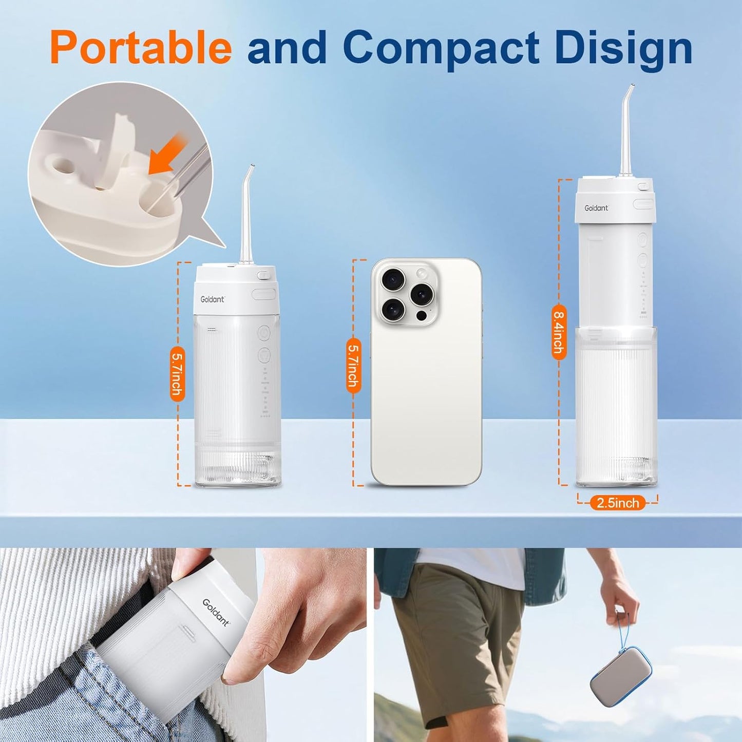 Portable Water Flosser for Teeth with Exquisite Travel Case, Cordless Rechargeable Mini Oral Irrigator with Removable Tank, IPX7 Waterproof, 4 Modes & 4 Jet Tips for Tooth Cleaning (White)