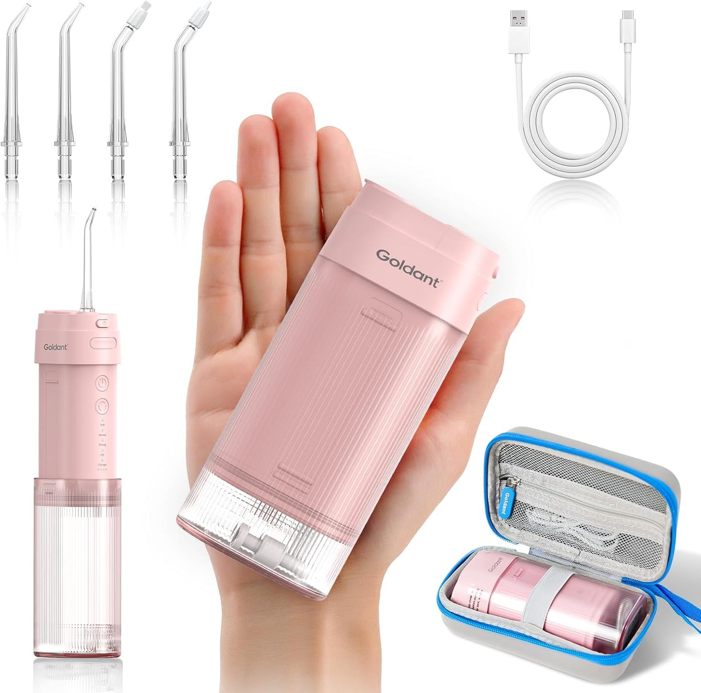 Portable Water Flosser for Teeth with Exquisite Travel Case, Cordless Rechargeable Mini Oral Irrigator with Removable Tank, IPX7 Waterproof, 4 Modes & 4 Jet Tips for Tooth Cleaning (Pink)