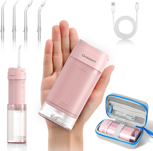 Portable Water Flosser for Teeth with Exquisite Travel Case, Cordless Rechargeable Mini Oral Irrigator with Removable Tank, IPX7 Waterproof, 4 Modes & 4 Jet Tips for Tooth Cleaning (Pink)