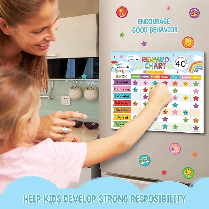 Reward Chart for Kids,Magnetic Behavior Chore Chart for Kids at Home,26 Rainbow Blue Chore Charts,1960 Star Stickers,56 Reward Stickers,Incentive Chore Chart to Develop Responsibility and Good Habits