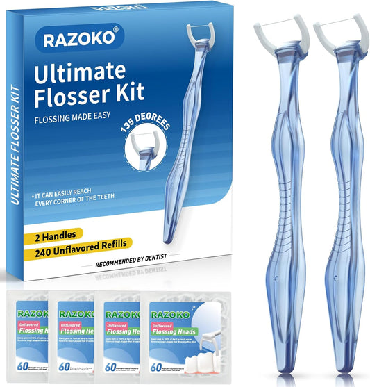 RAZOKO Dental Flosser Kit, Extra Strong Shred-Resistant Floss, for Hard-to-Reach Areas, PTFE & PFAS Free, 2 Handles + 240 Refill Heads