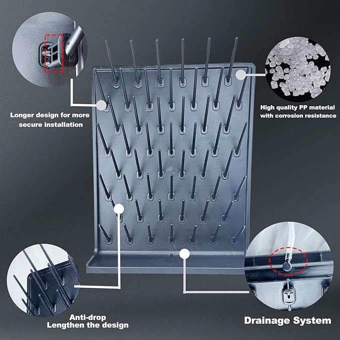 Lab Drying Rack 52 Pegs Laboratory Cabinets Glass Drying Racks Wall-Mount Black Cleaning Frame for School Laboratory Utensils Hidden Installation