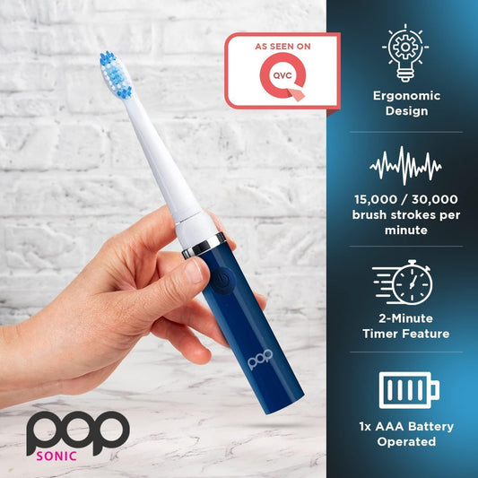 Pop Sonic Electric Toothbrush (Navy + 6 Brush Heads) - Travel Toothbrushes w/AAA Battery | Kids Electric Toothbrushes with 2 Speed & 15,000-30,000 Strokes/Minute, Dupont Nylon Bristles