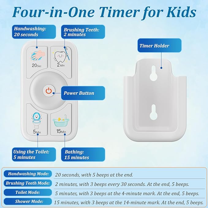 Timer for Kids Brushing: 2 Minutes Teeth Brush 20 Seconds Hand Washing 5 Min Toilet 15 Min Shower, Time Management Tool for Children - White