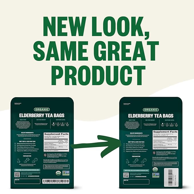 FGO Organic Elderberry Tea, 100 Count, Eco-Conscious Herbal Tea Bags, Resealabel Bag, Caffeine Free, Packaging May Vary (Pack of 1)