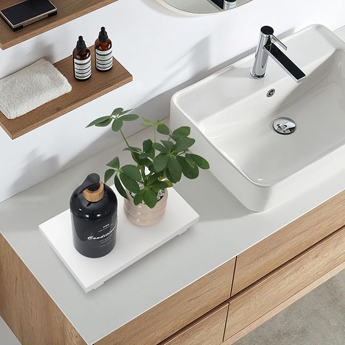 Farmhouse Bathroom Vanity Tray Wooden Kitchen Soap Sink Trays Modern Wood Riser Pedestal Stand Dish Soap Dispenser Holder for Kitchen Counter Decor White Bathroom Organizer Accessories Decorative Tray