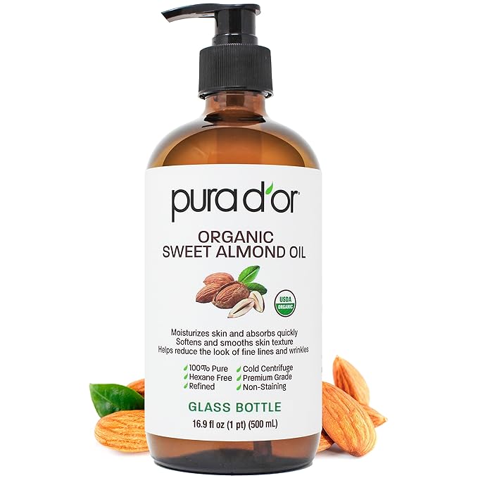 PURA D'OR 16.9 Oz ORGANIC Sweet Almond Oil (GLASS BOTTLE) 100% Pure & Natural USDA Certified Cold Pressed Carrier Oil For DIY Beauty - Non-Greasy, Unscented, Hexane Free Moisturizer - For Hair & Skin