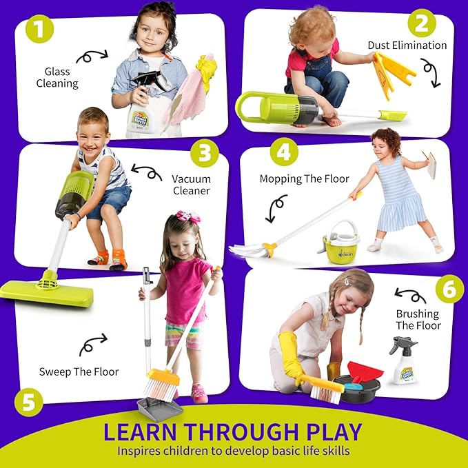 Toddler Toys Cleaning Set, Kids Cleaning Toy Set, Pretend Play Home Cleaning Playset - Incl.Electric Toy Vacuum, Broom and Dustpan Set, Mop,Duster and More,Cleaning Tools Toys for Boys Girls