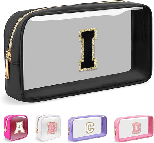 Small Clear Personalized Initial Makeup Bag,Nylon Preppy A-Z Chenille Letter Patch Cosmetic Pouch Beach Toiletry Bag,Waterproof Zipper Travel Purse Storage Bag Organizer for Women Girls(Black-Black I)