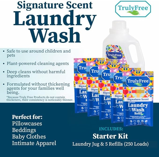 Truly Free Natural Laundry Detergent for Sensitive Skin | Eco Friendly, Plant Based, Baby Clothes Safe | Clean & Easy Powder to Liquid, 5 Pack Detergent + 1 Refillable Jug | Signature Scent 250 Loads