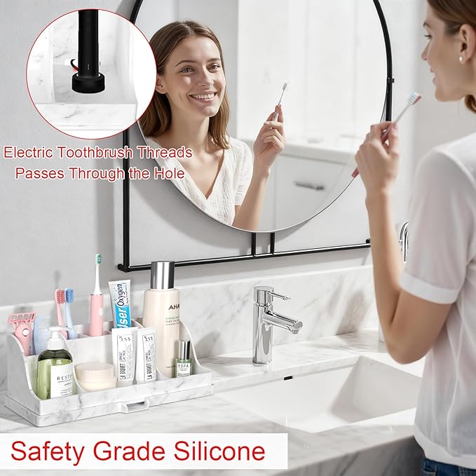 Large Size Silicone Tooth Brush Holder for Bathroom with Drainage, White Marble Toothbrush Holders, Easy Clean Bathroom Countertop Organizer Detachable Makeup Organizer for Vanity