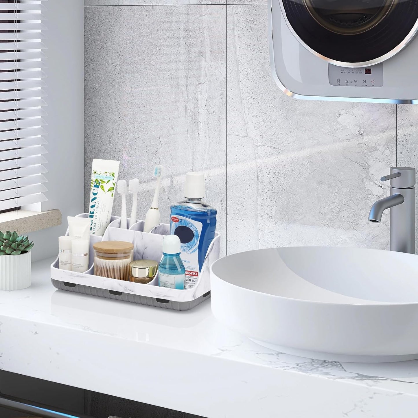 Marble Bathroom Countertop Organizer - Detachable 7 Slots Kids Electric Toothbrush and Toothpaste Holde Drainage for Bathroom Accessories Organization Counter Vanity Storage, Grey