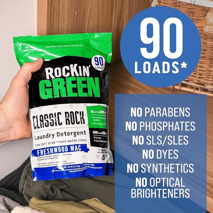 Rockin' Green Classic Rock Laundry Detergent (90 Loads), Plant based, All Natural Laundry Detergent Powder, Vegan and Biodegradable Odor Fighter, Safe for Sensitive Skin, 45 oz (Freshwood Mac)