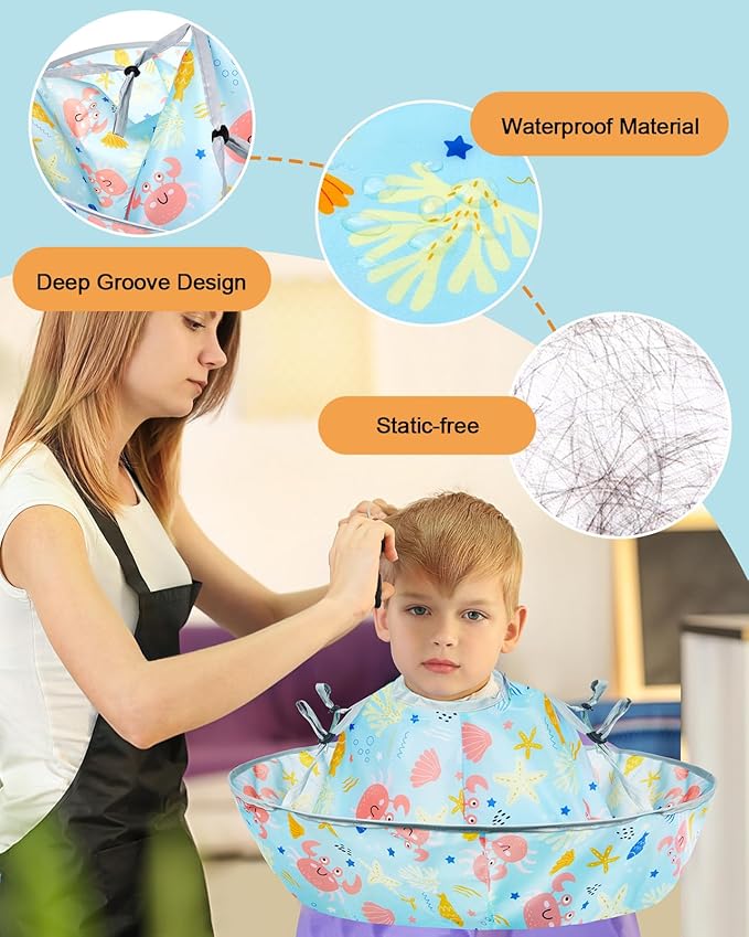 Lictin Haircut Capes Umbrella for Kids - Hair Cutting Haircut Cape Kids Waterproof Foldable Adjustment, Hairdressing Umbrella Cape Apron with 1PCS Black Comb, Marine Theme, 60cm