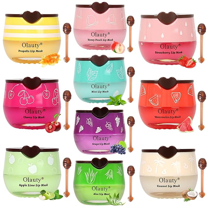10 PCS Bee Lip Balm Honey Pot,Strawberry,Watermelon,Apple Lime,Cherry,Mint,Aloe Vera,Grapes,Coconut&Peach Flavors Honey,Moisturizing Lip Mask Overnight Reduces Lip Lines,Cracked Lip Care,Bulk Gifts