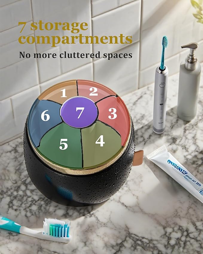 bubooo 360° Rotating Toothbrush Holder for Bathroom - Non-Slip Space-Saving 7-Slot with Cover & Drainage, Electric Toothbrushes/Toothpaste/Razor Organizer for Counter Vanity (black)