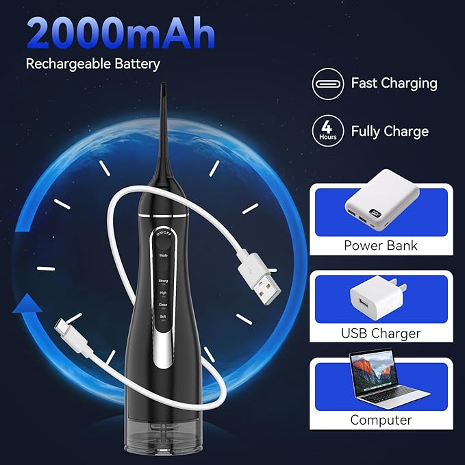 Water flossers for Teeth Pick, Portable Oral Irrigator Dental with 4 Modes 5 Jet Tips, IPX7 Rechargeable Water Tooth Flosser for Braces Sensitive Gum Care，Home Travel Use
