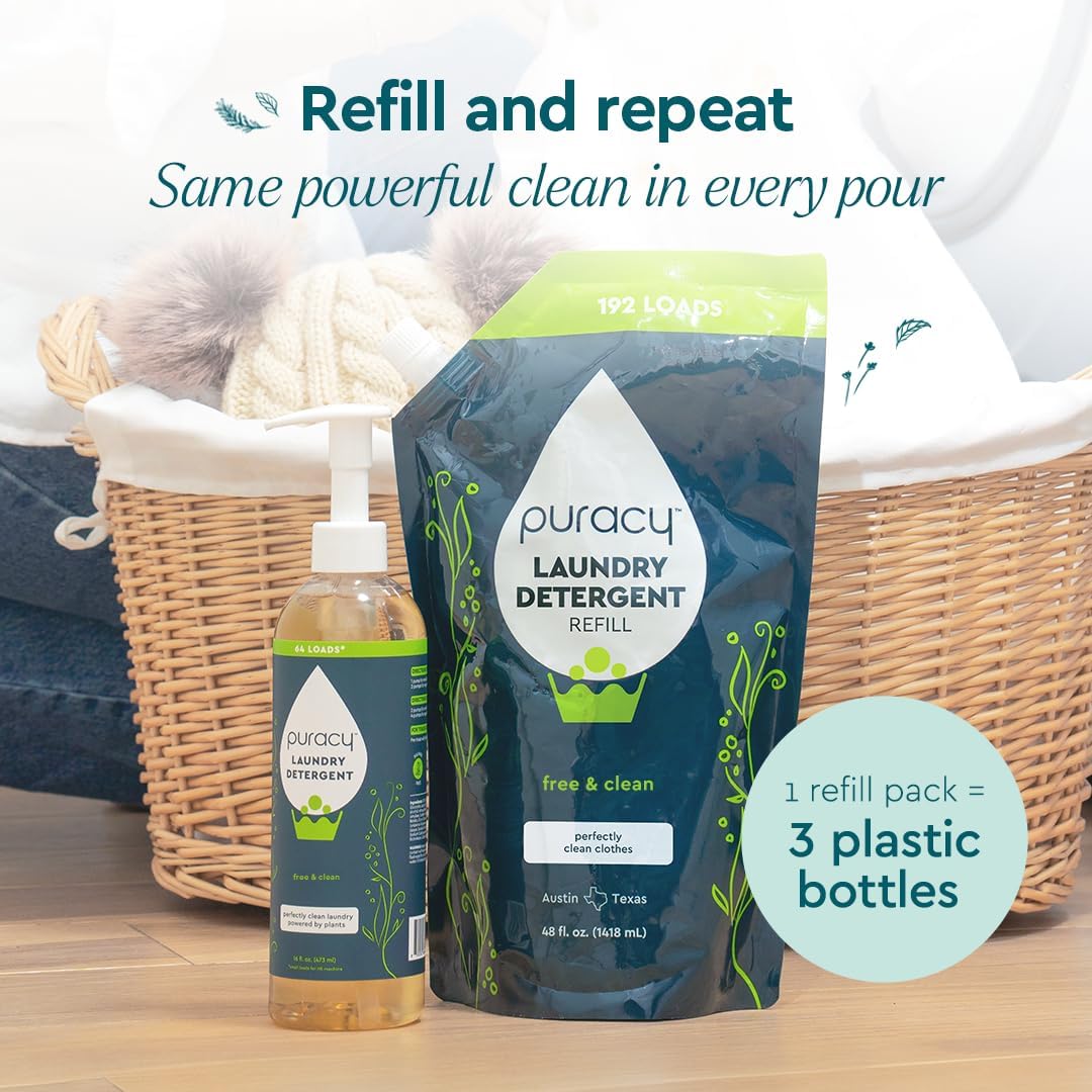 Puracy Laundry Detergent Refill - Enzyme-Powered Liquid Detergent Concentrate, Natural Laundry Detergent Seen on TikTok, Non-Toxic (Free & Clear, 48 fl oz, 192 Loads)