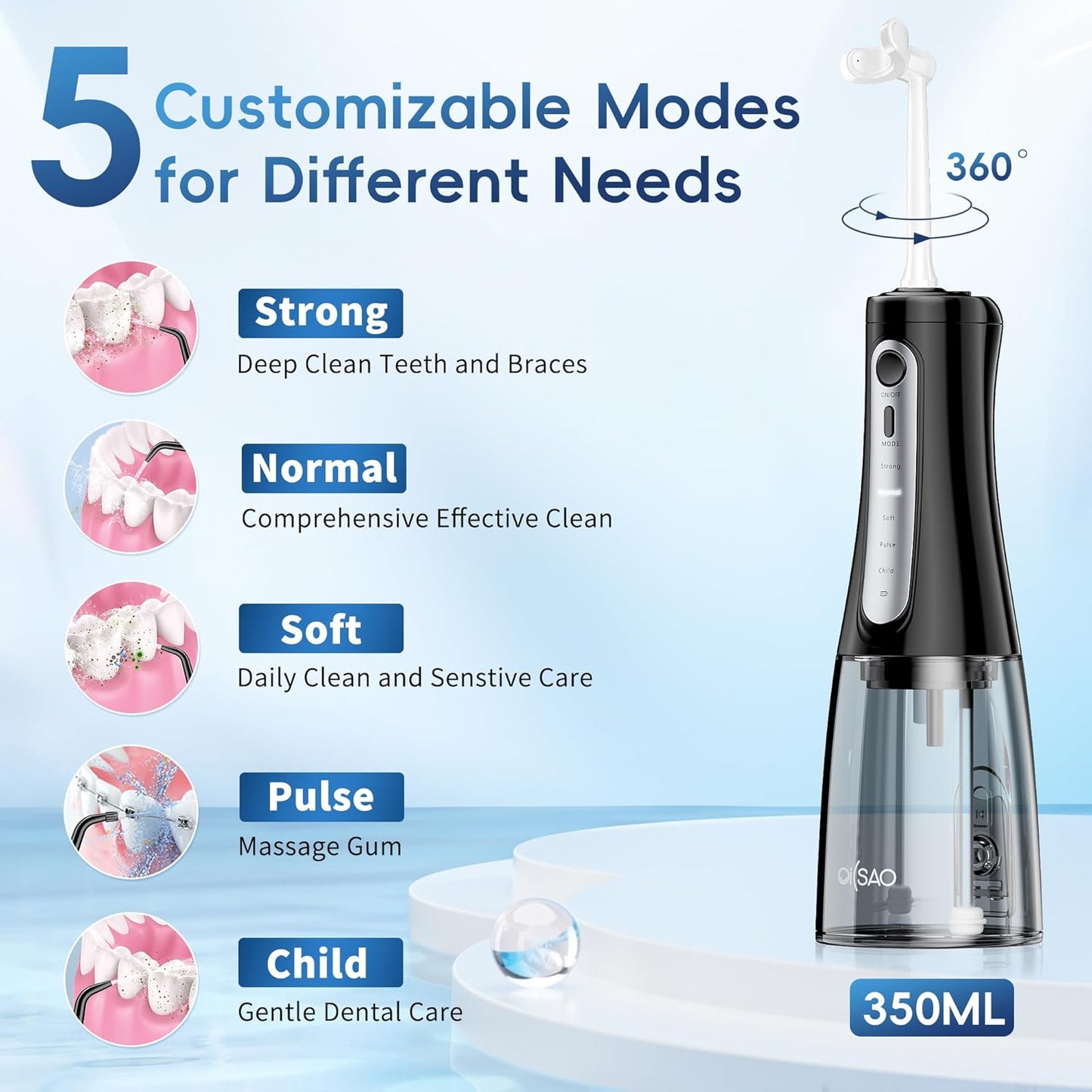 Cordless Water Flosser for Teeth Cleaning Pick, U-Shaped Flossing Head for 360° Deep Clean, 5 Modes & 9 Jet Tips, IPX7 Waterproof, Rechargeable & Portable Oral Irrigator for Travel, 350ML Large Tank